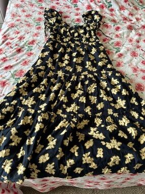 Black Floral Midi Dress with Yellow Print